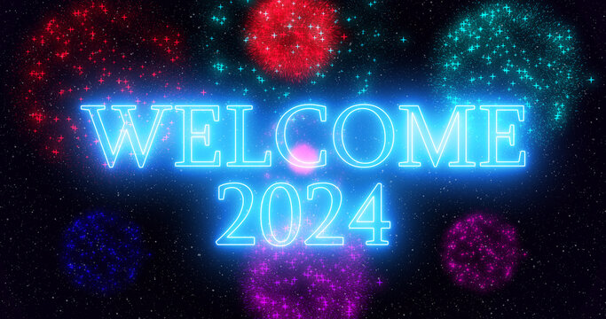 Blue neon color Goodbye 2023 Welcome 2024 text illustration with neon colorful fireworks in high-resolution. Past year 2023 new year 2024.