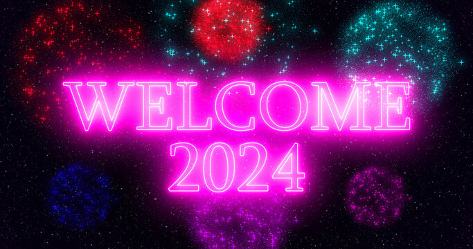 Pink neon color Goodbye 2023 Welcome 2024 text illustration with neon colorful fireworks in high-resolution. Past year 2023 new year 2024.