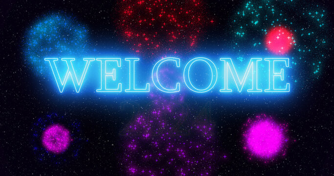 Blue neon color Goodbye 2023 Welcome 2024 text illustration with neon colorful fireworks in high-resolution. Past year 2023 new year 2024.
