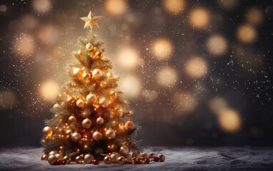 A Christmas tree in gentle soft focus, its ornaments and lights casting a warm glow against a minimalist backdrop, conveying the magic of the holiday season