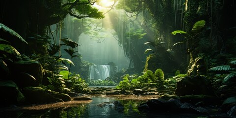 sunlight going through a lush jungle, in the style of photorealistic representation, hazy atmospheres
