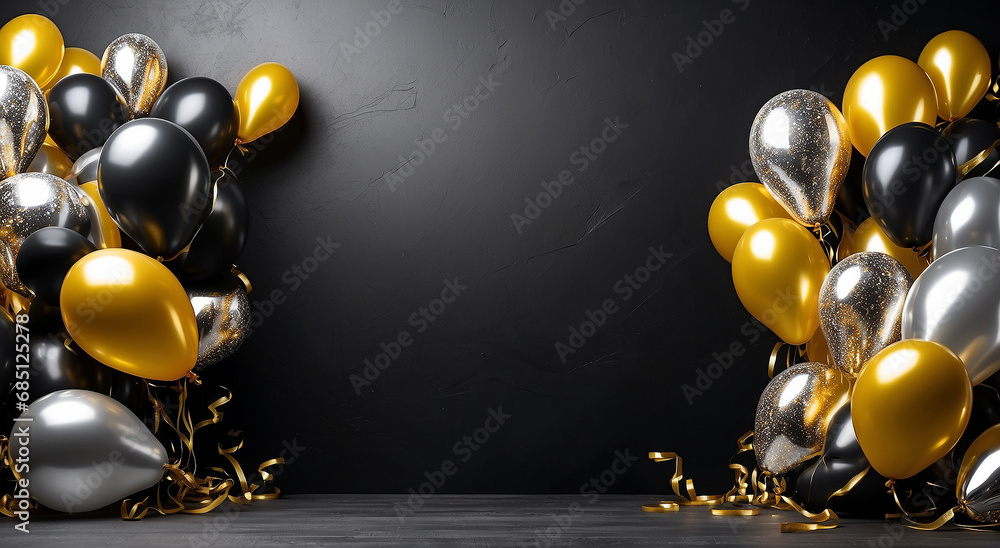 Poster golden and silver balloons, black background advertisement background with space for text at the sid
