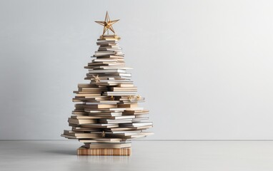 Christmas tree crafted from neatly arranged hardcover books with gifts around on a grey background