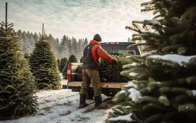 A person loading a freshly cut fir tree onto a pickup truck at a snowy tree farm - obrazy, fototapety, plakaty