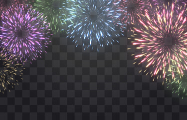 Festive fireworks with brightly shining sparks. New Year's Eve fireworks. Realistic sparks and explosions. Colorful pyrotechnics show. Vector isolated on png background. - obrazy, fototapety, plakaty