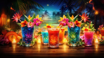 exotic tropical cocktail drink luau illustration design nature, paradise leaf, flamingo background...