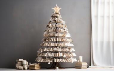 A Christmas tree crafted from neatly arranged hardcover books with gifts around on a grey background	