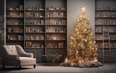 Modern living room with decorated Christmas tree and sofa during holiday times