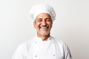 Happy chef in a white uniform and hat, confidently standing in a kitchen, exuding professionalism and friendliness with crossed arms.