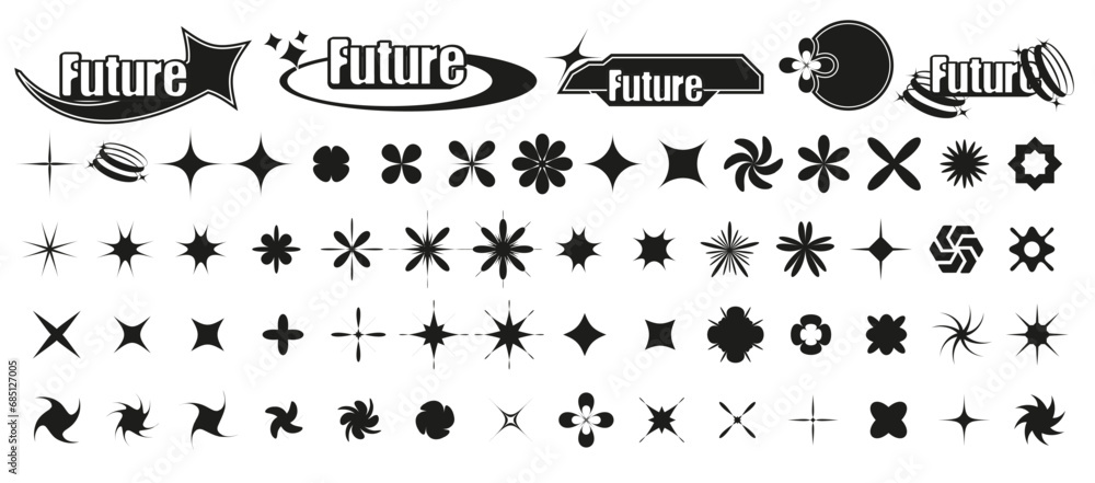 Poster assorted collection of vector starbursts and futuristic shapes for design retrofuturistic, y2k, rave
