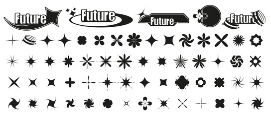 Assorted Collection of Vector Starbursts and Futuristic Shapes for Design Retrofuturistic, Y2K, rave trip Elements. Cyberpunk symbols, icons. emplates for notes, posters, banners, stickers.