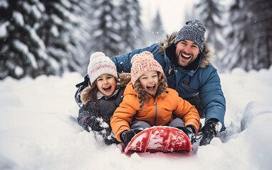 Father and two daughters ride together on a sled on a snowy slope and have fun, happy family and winter activity