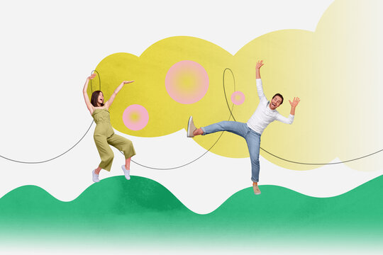 Banner collage of two funky people friends having good time dance raised arms up enjoying fly air bubbles isolated on painted background