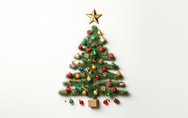 A cute decorated Christmas tree in a flat lay with an overhead shot on a white background