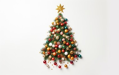 A cute decorated Christmas tree in a flat lay with an overhead shot on a white background