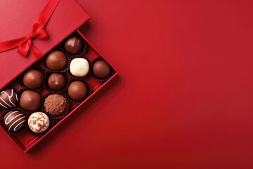 Valentines day chocolate candy in heart shaped box on red background. Sweets gift for birthday or Valentine's day. Banner. 14 February.