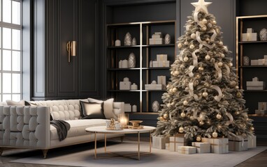 Black modern living room with decorated Christmas tree and sofa during holiday times