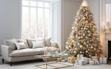White modern living room with decorated Christmas tree and sofa during holiday times