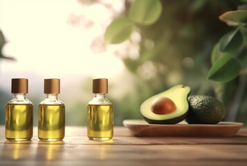 Obraz na płótnie Canvas composition with bottle of avocado essential oil and sliced avocado on wooden table with blurred background. generative ai