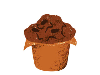 Chocolate muffin with crumbs vector illustration. Sweet dark pastry