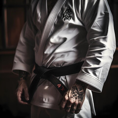 Black jiu-jitsu belt right in the closet on a man's waist, with his hands on them, wearing a white Dogi.