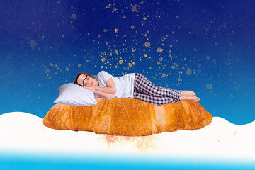 Creative collage illustration of cute person lady in pajama sleeping dreaming about food homemade...