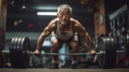 Fototapeta na wymiar An elderly asian man doing a deadlift in a gym