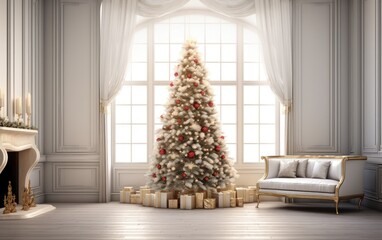 White modern living room with decorated Christmas tree and sofa during holiday times