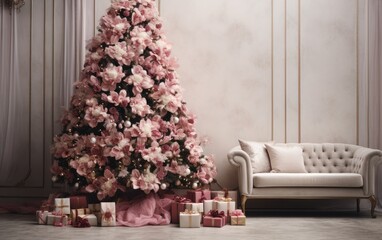 Pink and grey modern living room with flower decorated Christmas tree and sofa during holiday times
