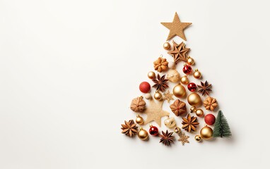 A Christmas tree made from decorations in a flat lay with an overhead shot on a white background