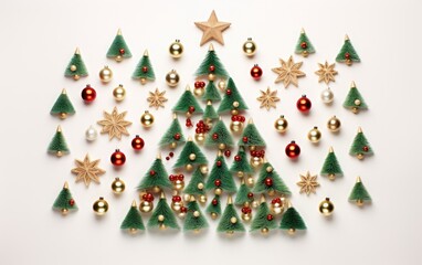 A cute Christmas tree and decorations in a flat lay with an overhead shot on a green background	