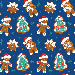 Gingerbread Man and other traditional christmas cookies. Seamless pattern on a blue background. Vector.