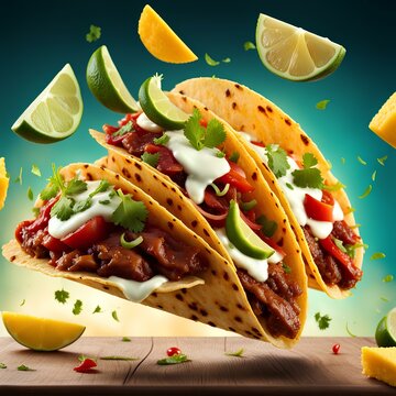 image of flying tacos captured mid-air, highlighting a blend of seasoned meats, guacamole, salsa, and shredded cheese