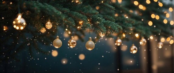 Fototapeta na wymiar Christmas Lights String Hanging At Fir Branches
