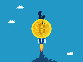 Digital currency concept. Businesswoman working on Bitcoin coin, rocket flying in the sky. vector