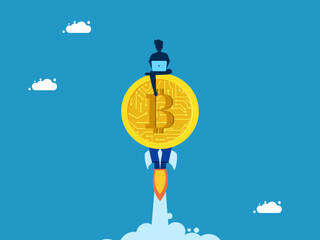 Digital currency soares. man working on Bitcoin coin, rocket flying in the sky. vector