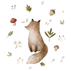 Watercolor Cute Woodland digital  Isolated Bear, Fox, bunny, hedgehog, snail