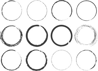 Vector circles with a brush on a white background. Circles drawn with a black brush on a white background. Illustration of various circles in the grunge style in black. Abstraction of dirty rings EPS