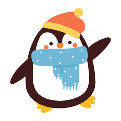 hand drawing cartoon penguin wearing hat and scarf. cute animal sticker, winter animal sticker