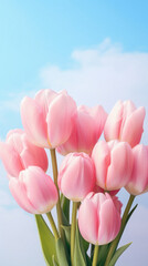 Bouquet of pink tulips on a blue sky background.