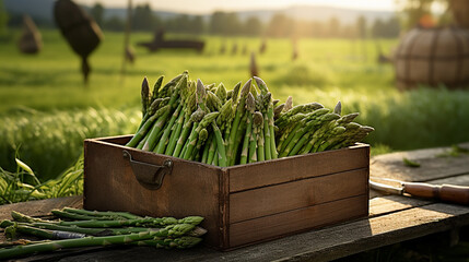 Organic asparagus in a wooden box on a field.Generative AI - obrazy, fototapety, plakaty