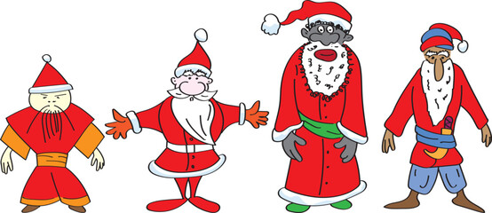 A set of caricatured representations of Santa Clauses from different continents