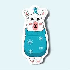 Lama of set in sticker design. This colorful sticker style, starring a lovable Christmas llama character ready for the festivities. Vector illustration.