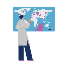 Woman scientist looks at the map, flat vector illustration on white