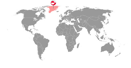 Pin map with Greenland flag on world map. Vector illustration.