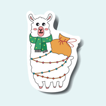 Lama of set in sticker design. Magic of Christmas is in this adorable colorful sticker style, featuring a cute and festive llama character. Vector illustration.