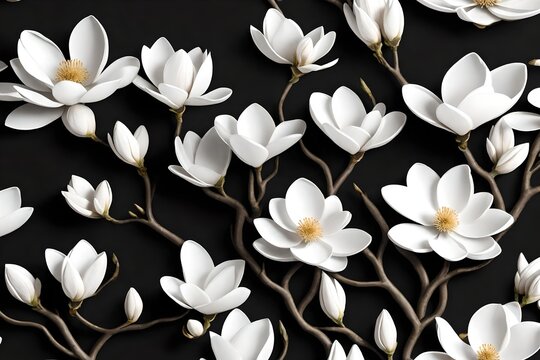 "Immerse yourself in the timeless beauty of a 3D digital wallpaper featuring a stunning white magnolia flower set against a sleek black background. 