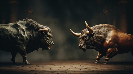 Bull and bear market face off concept - obrazy, fototapety, plakaty