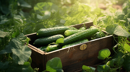 Organic cucumbers in a wooden box on the field.Generative AI