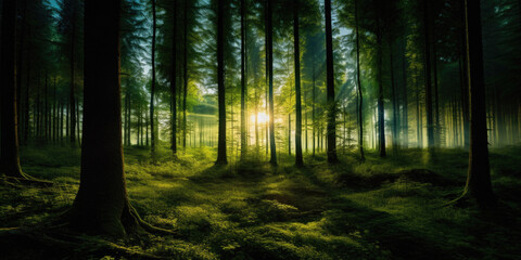 Sunrise in the dark mysterious forest.  Rendering.